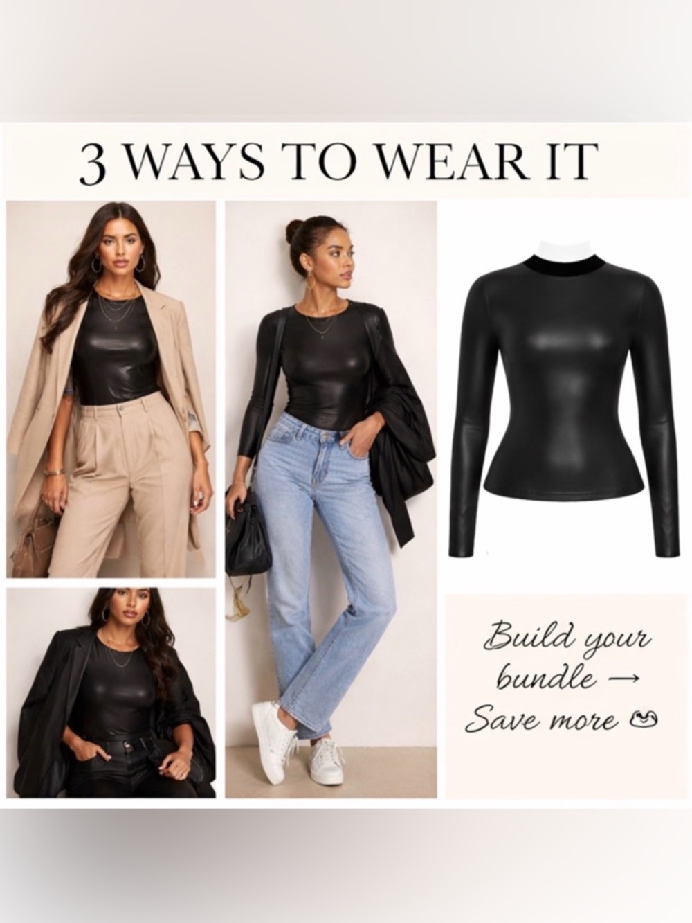 Black Faux Leather Long Sleeve Top | Sleek Chic Layering Piece - Picture 6 of 6